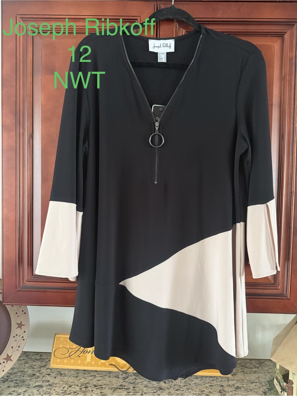 Joseph Ribkoff Black and Cream Colorblock Zip Tunic